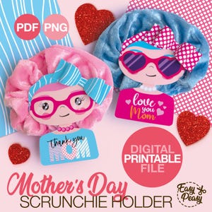 Plantilla para sujetar el coletero del Día de la Madre, regalo para el Día de la Madre, tarjetas para mamá con etiqueta para el coletero, regalo imprimible para el Día de la Madre.