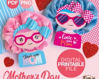Plantilla para sujetar el coletero del Día de la Madre, regalo para el Día de la Madre, tarjetas para mamá con etiqueta para el coletero, regalo imprimible para el Día de la Madre.