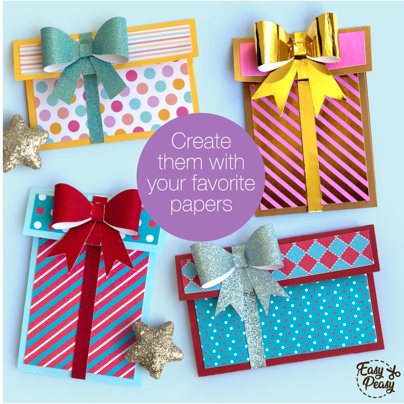 Gift card holder shaped like a wrapped present; digital cutting files SVG, PDF, PNG, DXF; paper project with bow; fits standard gift cards; ideal for Christmas or birthday; for Cricut and Silhouette; 300 DPI; includes tutorial and commercial license