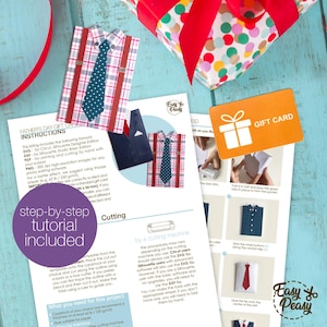 Father’s Day gift card holders shaped like men’s clothing, including a suit, a shirt with suspenders and tie, and a sweater with bow tie, shown with labels for digital cutting file formats SVG, DXF, PNG, PDF