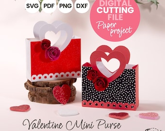 DIY Valentine Mini Paper Purse SVG | Cricut Gift Box | Galentine Favor Bag Template | Digital download Svg, Dxf, Pdf, Png