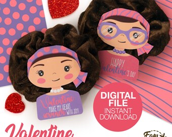 DIY Valentine’s Day Printable Scrunchie Holder (Dark Brown Scrunchie) - Valentine’s Cards - Kids Valentines - Template pdf INSTANT DOWNLOAD