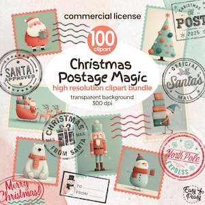 May include: A collection of Christmas-themed clipart illustrations, including Santa Claus, a Christmas tree, a snowman, and a polar bear. The images are designed in a vintage postage stamp style with the text "Christmas Postage Magic".