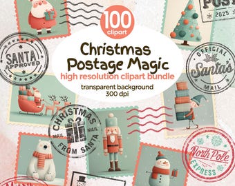 Vintage Christmas Stamps Clipart PNG Bundle | North Pole Mail & Holiday Postmarks