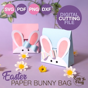 Plantilla de caja de papel para regalo con forma de bolsa de conejito de Pascua DIY, archivo SVG, para búsqueda de huevos de Pascua para niños, plantilla de caja de papel para guardar dulces, canasta de golosinas de Pascua