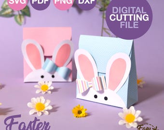 Plantilla de caja de papel para guardar dulces, canasta de golosinas de Pascua, archivo SVG, bolsa de conejito de Pascua, para búsqueda de huevos de Pascua para niños