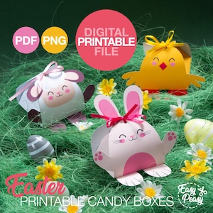 Scatole di caramelle pasquali fai da te stampabili per cestini pasquali per bambini, scatola regalo di cioccolatini per la caccia alle uova di Pasqua, sacchetti per dolcetti pasquali per bambini, file digitale