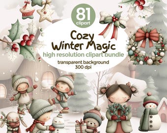 Paquete de imágenes PNG de niños en la nieve invernal / Pack navideño acogedor / Colección de imágenes prediseñadas festivas estilo cottagecore y acuarela