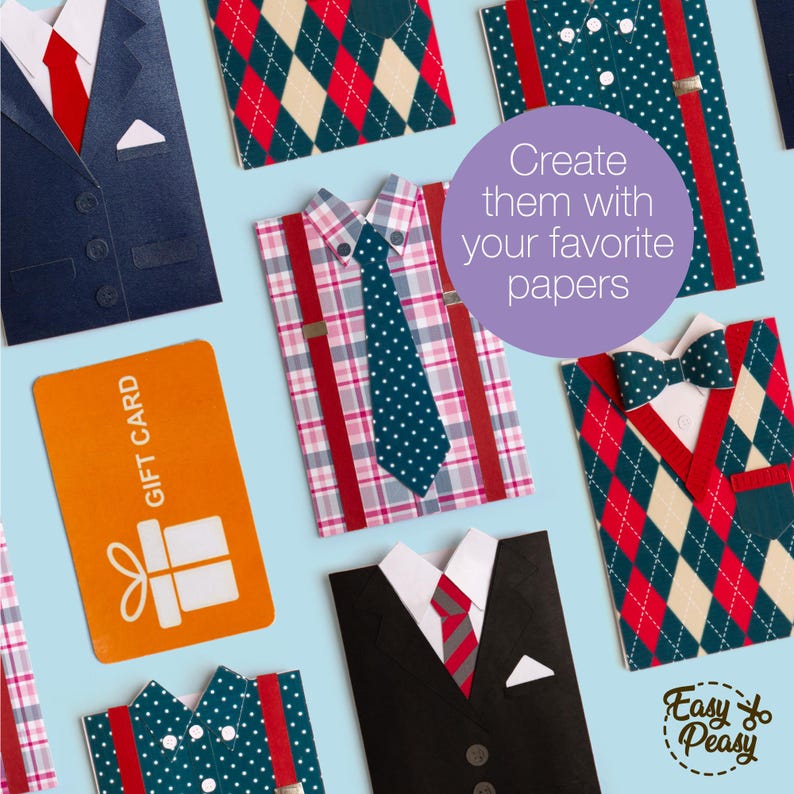 Father’s Day gift card holders shaped like men’s clothing, including a suit, a shirt with suspenders and tie, and a sweater with bow tie, shown with labels for digital cutting file formats SVG, DXF, PNG, PDF