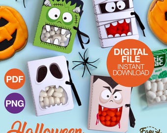 DIY Halloween Printable Scary Monster Tic Tac Holder - Snack Box Gift Basket - Trick Or Treat Bag Template pdf - png | INSTANT DOWNLOAD