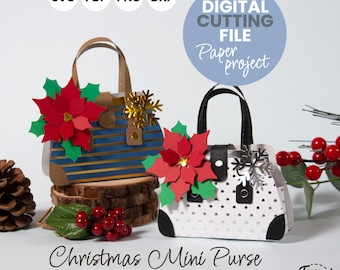 Christmas Purse Gift Box Poinsettia SVG File | Xmas Mini Favor Bag | Holiday Paper Purse DIY Template for Cricut