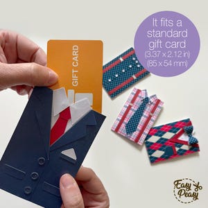 Father’s Day gift card holders shaped like men’s clothing, including a suit, a shirt with suspenders and tie, and a sweater with bow tie, shown with labels for digital cutting file formats SVG, DXF, PNG, PDF