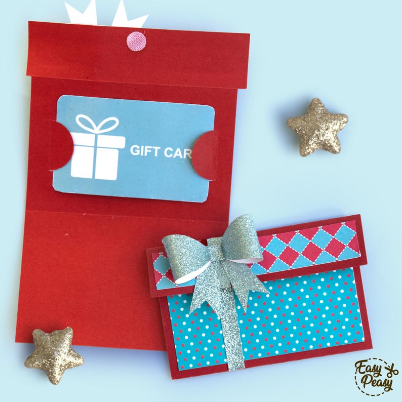 Gift card holder shaped like a wrapped present; digital cutting files SVG, PDF, PNG, DXF; paper project with bow; fits standard gift cards; ideal for Christmas or birthday; for Cricut and Silhouette; 300 DPI; includes tutorial and commercial license