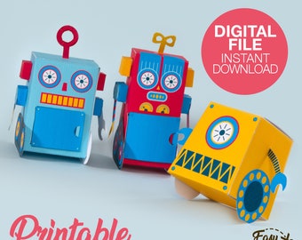 Cajas de regalo de dulces robot imprimibles DIY para cumpleaños - Cajas de favor de fiesta robot - Plantilla de caja de regalo de chocolate pdf / DESCARGA INSTANTÁNEA