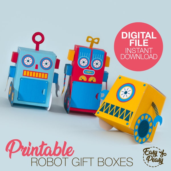 DIY afdrukbare robot snoep geschenkdozen voor verjaardag - robot partij gunst dozen - chocolade geschenkdoos sjabloon pdf | DIRECTE DOWNLOAD