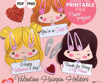 Tarjetas porta horquillas con broches para el cabello imprimibles de San Valentín para hacer tú mismo / Recuerdo escolar de San Valentín para niños / Descarga digital en PDF, PNG