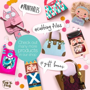 May include: A collection of colorful paper crafts and gift items, including a pink cat-shaped printable, a blue polka-dot purse, and a nutcracker-themed gift box. The image includes text bubbles with hashtags like #printables and #gift boxes, all set against a pink background.