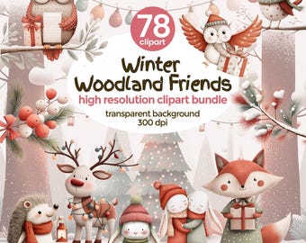 Paquete de imágenes prediseñadas PNG de amigos del bosque invernal / Conjunto de imágenes prediseñadas de animales del bosque navideño