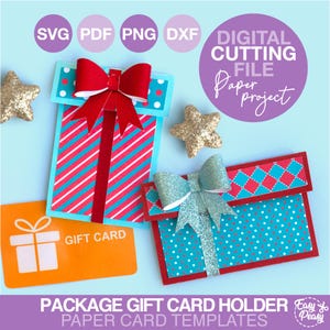 May include: Digital cutting file for paper gift card holders. The image shows two paper gift card holders with red and blue patterns, bows, and a gift card. The text includes "SVG PDF PNG DXF" and "DIGITAL CUTTING FILE Paper project".