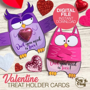 DIY Printable Valentine Cards - Valentine Treat Holder Card - Kids Valentine Card - Valentine Gift Teacher - Template pdf | INSTANT DOWNLOAD