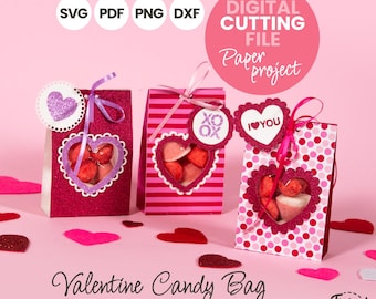 DIY Valentine Candy Bag SVG Cut Files For Cricut | Valentines Day Candy Holder Paper Box Template | Galentine Treat Bag | svg, dxf, pdf, png