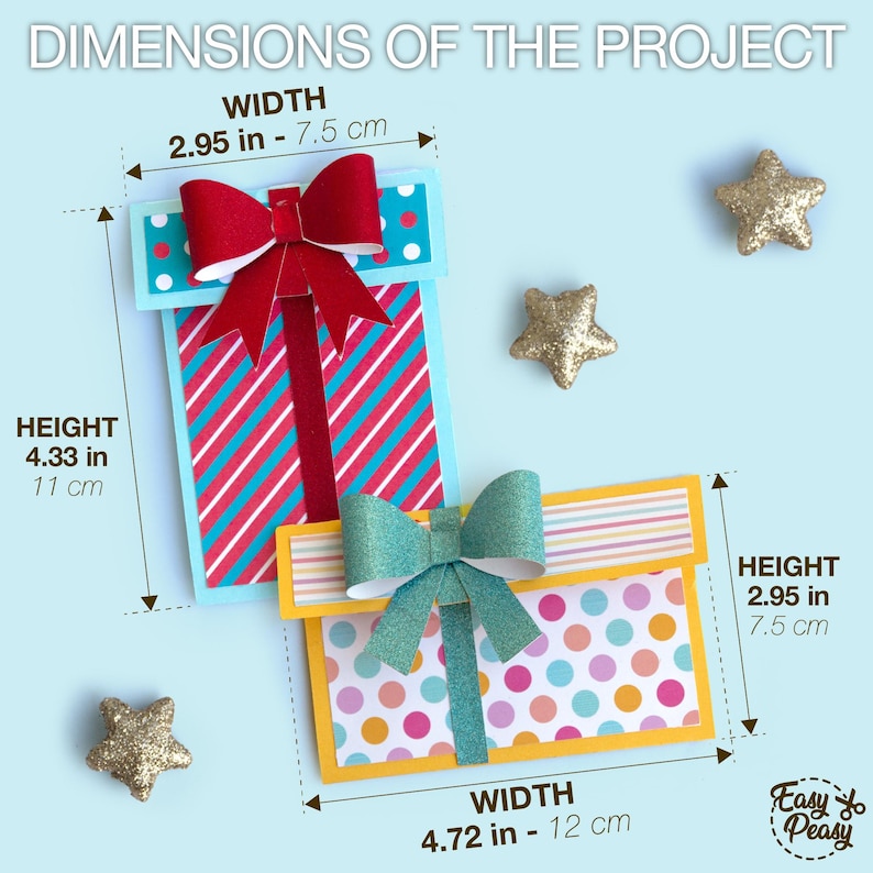 Gift card holder shaped like a wrapped present; digital cutting files SVG, PDF, PNG, DXF; paper project with bow; fits standard gift cards; ideal for Christmas or birthday; for Cricut and Silhouette; 300 DPI; includes tutorial and commercial license