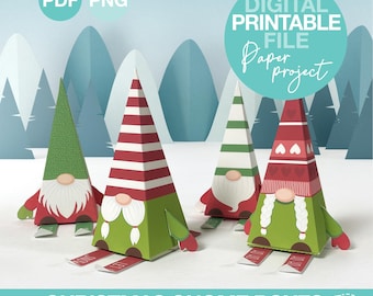 Cajas imprimibles navideñas de gnomos DIY, cajas de regalo de chocolate, caja de dulces navideños, porta dulces navideños, plantilla de caja de regalo navideña (PDF y PNG)