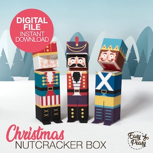 Cajas de regalo con forma de cascanueces para imprimir y hacer tú mismo - Envoltorios navideños originales - Conjunto de plantillas digitales para cajas de dulces con forma de cascanueces en formato PDF / DESCARGA INSTANTÁNEA