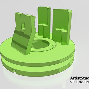 Puede incluir: Un modelo impreso en 3D de un objeto verde de varias piezas con una base circular y tres piezas verticales. El objeto está diseñado para la impresión 3D y está disponible para descargar.