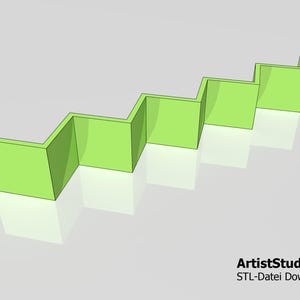 May include: A lime green, zig-zag shaped 3D model with a light reflection. The model has a series of rectangular panels connected at right angles, creating a staircase-like design. Text at the bottom reads "ArtistStudio3D STL-Datei Download."