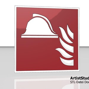 May include: A red square sign with a white firefighter's helmet and flames. The sign is a 3D rendering with the text "ArtistStudio3D STL-Datei Download" at the bottom.