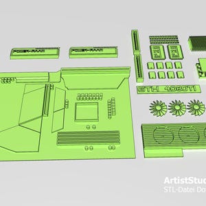 May include: A green 3D printed model of a computer motherboard with various components, including a CPU, RAM slots, and a graphics card. The motherboard is labeled "GTH 4080TI".