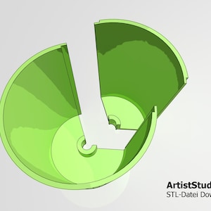 Könnte beinhalten: Ein grünes 3D-Modell eines Pflanztopfs, aufgeteilt in drei Abschnitte. Der Topf ist für den Druck auf einem 3D-Drucker konzipiert. Das Bild enthält den Text "ArtistStudio3D STL-Datei Download".