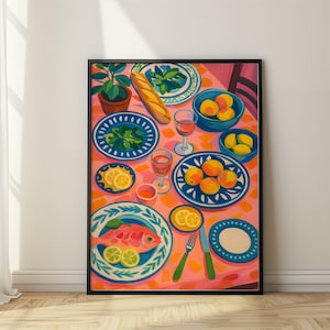 Stampa di cibo per cena, poster retrò per cucina, arte di Henri Matisse, opera d&#39;arte per sala da pranzo, regalo per chef, illustrazione di cibo vintage, arte di Hockney