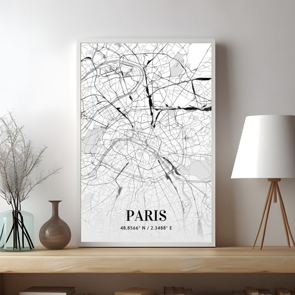 Paris Karte drucken, Paris Karte, Paris Stadt, Paris Karte Poster, Frankreich, Stadtplan Druck, schwarzweiße Karte, Frankreich