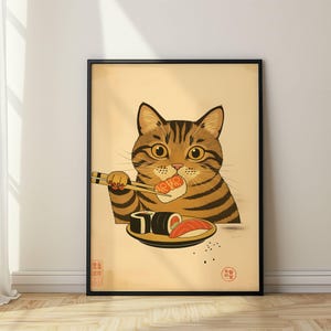 Japanese Sushi Cat Poster, Japanese cat print, Cat Lovers Gift, Japanese VIntage Wall Art, Tokyo Art Print, Kitchen Wall Art, Sushi Wall