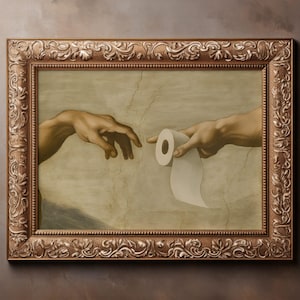 Funny Michelangelo Bathroom Art, The Creation of Adam Parody, Toilet Paper Humor, Quirky Renaissance Decor, Poster Wall Art