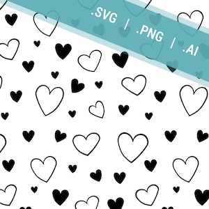 Wzór serca bez szwu SVG, PNG i AI | Rozrzucone serca rysowane ręcznie | Kafelkowy projekt serca Doodle | Wysokiej jakości pliki SVG dla Cricut