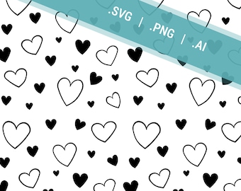 Seamless Heart Pattern SVG, PNG and AI | Hand-Drawn Scattered Hearts | Heart Doodle Tileable Design | High-Quality Svg Files for Cricut