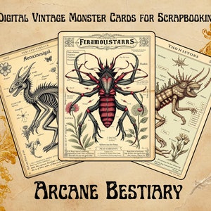 The Arcane Bestiary - 20+ Digitale Vintage Monster Karten fürs Scrapbook | Junk Journaling | Basteln | Druckbare Ephemera für den kreativen Gebrauch