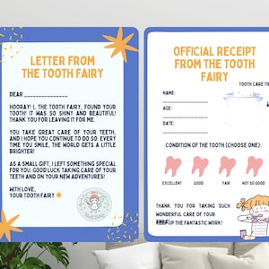 Carta da Fada do Dente e Recibo da Fada do Dente, Conjunto Bonito para Imprimir, Certificado do Primeiro Dente, Modelo Canva Editável, Download Instantâneo