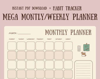 Minimalistische maandplanner + gewoontetracker – Directe download/bewerkbare canva-sjabloon – Blijf georganiseerd en productief