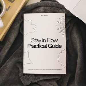 May include: A white book with the title "Stay in Flow Practical Guide" and the text "Everything you need to know about optimising mental performance". The book is lying on a grey blanket with a cup of coffee and a laptop in the background.