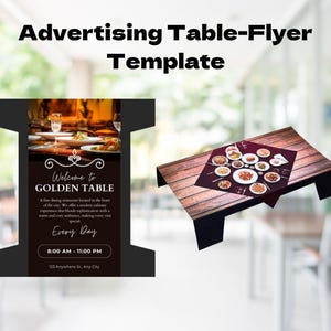 May include: A black and white flyer template for a restaurant called Golden Table. The flyer features a photo of a table setting with food and a welcome message. The text on the flyer reads "Welcome to Golden Table", "A fine dining restaurant located in the heart of the city. We offer a modern culinary experience that blends sophistication with a warm and cozy ambiance, making every visit special.", "Every Day", "8:00 AM - 11:00 PM", and "123 Anywhere St, Any City".
