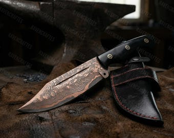 Hand-Forged Copper Damascus Bowie Knife, Black Resin Handle, Leather Sheath
