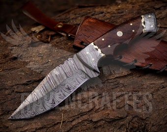 Handmade Damascus Steel Skinner Knife | Rosewood Handle, Leather Sheath