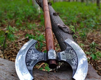 Hand Forged Viking Axe | Etched Double Blade, Leather Sheath