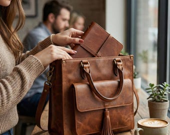 Handmade Leather Tote Bag | Full Grain, Laptop Compartment