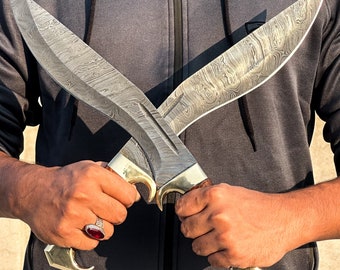 Handmade Damascus Kukri Knife With Leather Sheath – Rosewood Handle – Gift For Him