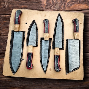 Handmade Chef Knife Set, Damascus Kitchen Knives with Leather Sheath, Perfect for Cooking Enthusiasts, Gift For Her, Wedding Gift